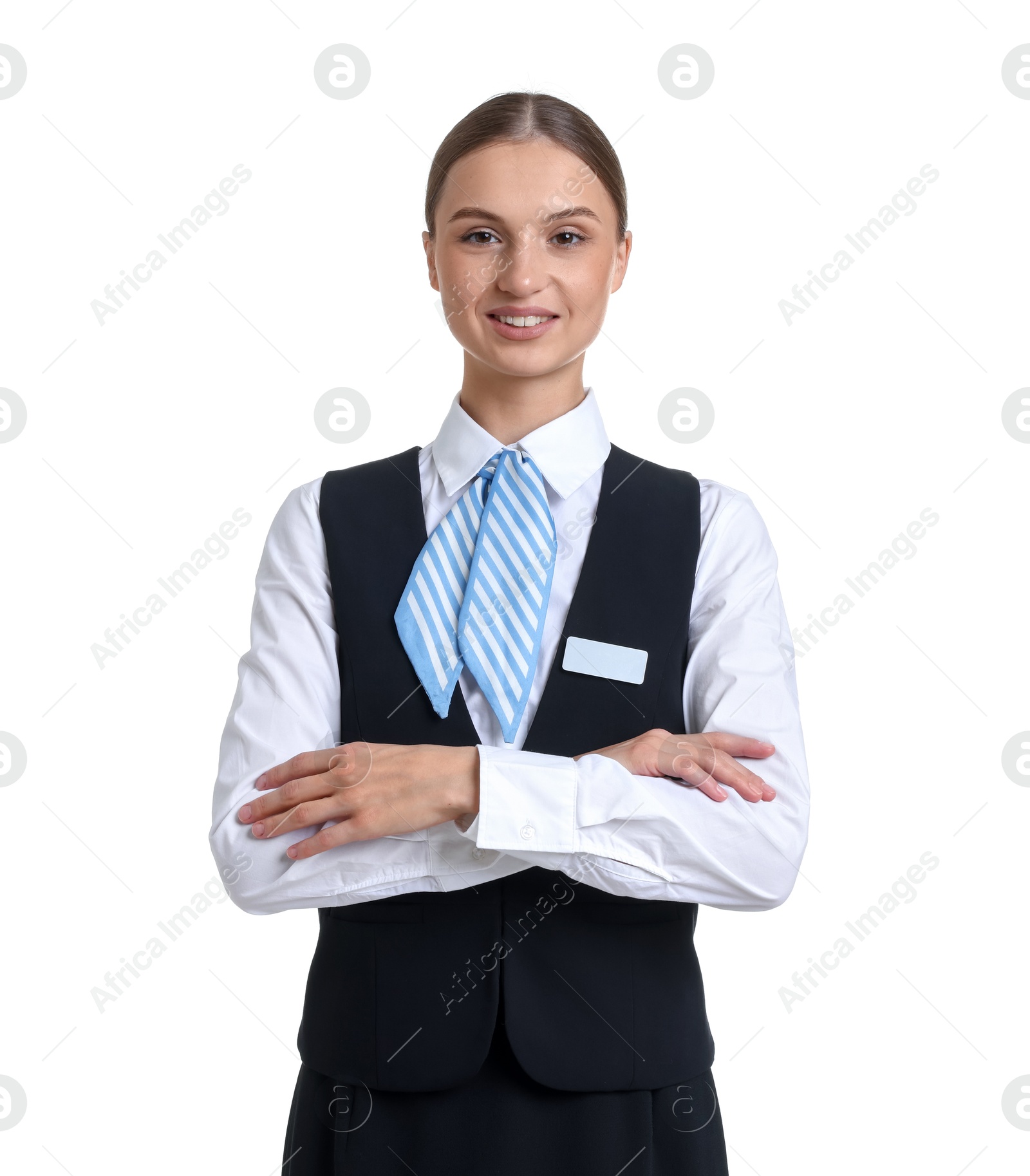 Photo of Portrait of stewardess in uniform on white background