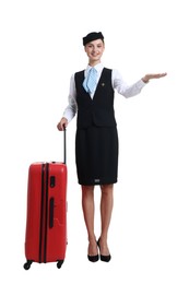 Photo of Stewardess in uniform with suitcase on white background