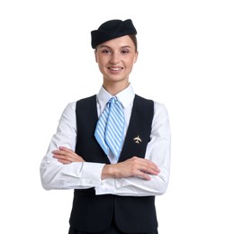 Photo of Portrait of stewardess in uniform on white background