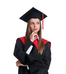 Photo of Portrait of thoughtful young woman in graduation gown and mortarboard on white background