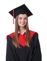 Photo of Portrait of happy young woman in graduation gown and mortarboard on white background