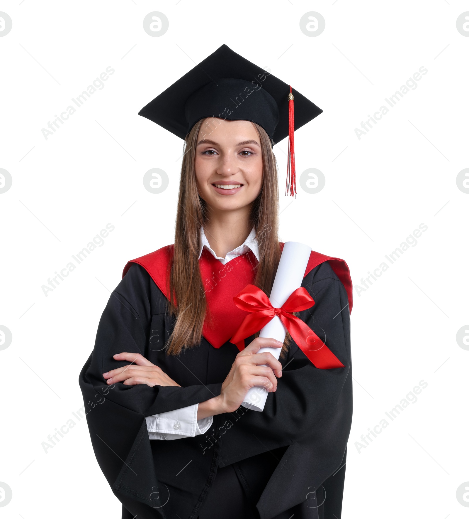 Portrait of happy young woman in graduation gown and mortarboard with diploma on white background Photo of Portrait of happy young woman in graduation gown and mortarboard with diploma on white background