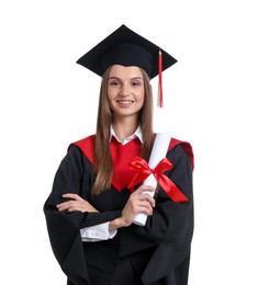 Photo of Portrait of happy young woman in graduation gown and mortarboard with diploma on white background