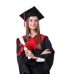 Photo of Portrait of happy young woman in graduation gown and mortarboard with diploma on white background