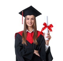 Photo of Portrait of happy young woman in graduation gown and mortarboard with diploma on white background