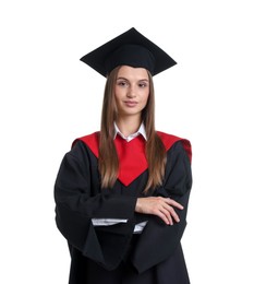 Photo of Portrait of happy young woman in graduation gown and mortarboard on white background