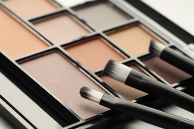 Photo of Beautiful eyeshadow palette and brushes on table, closeup
