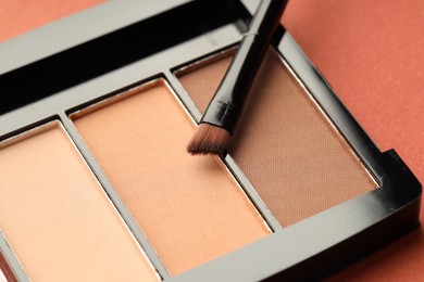 Photo of Beautiful eyeshadow palette and brush on coral background, closeup