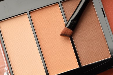 Photo of Beautiful eyeshadow palette and brush on coral background, top view