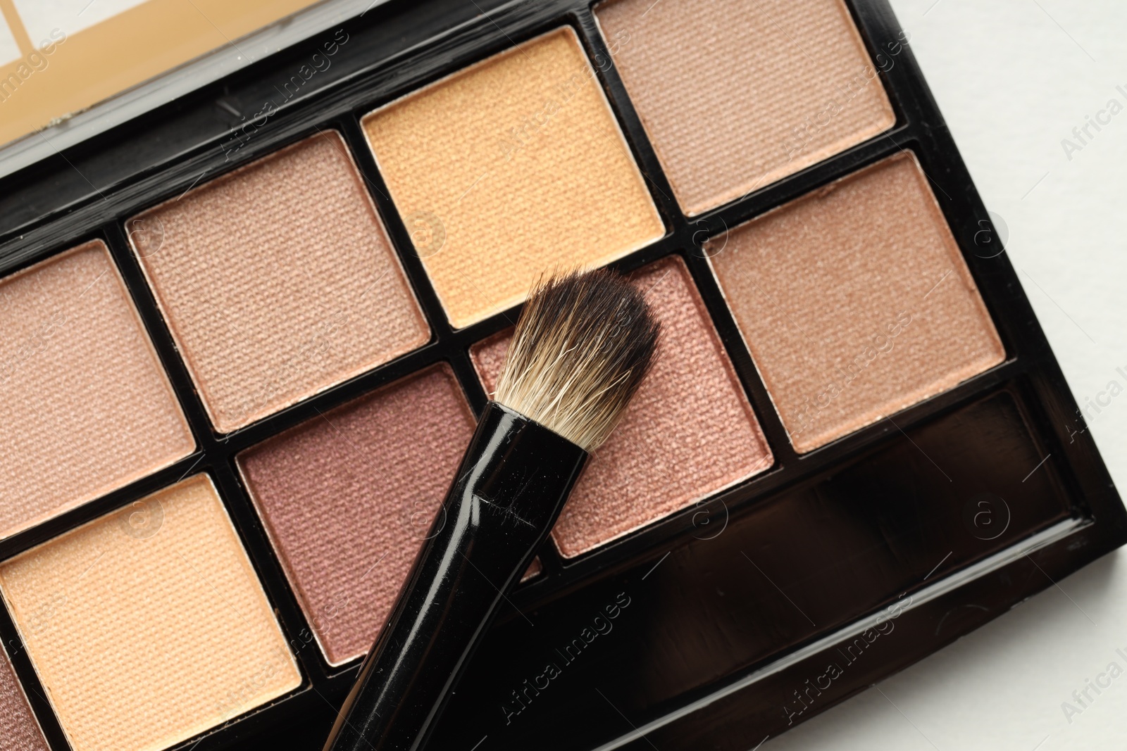 Beautiful eyeshadow palette and brush on white background, top view Photo of Beautiful eyeshadow palette and brush on white background, top view