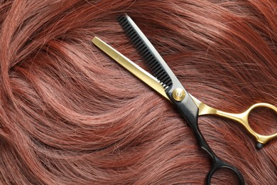 Photo of Auburn hair strand and hairdresser's scissors, closeup