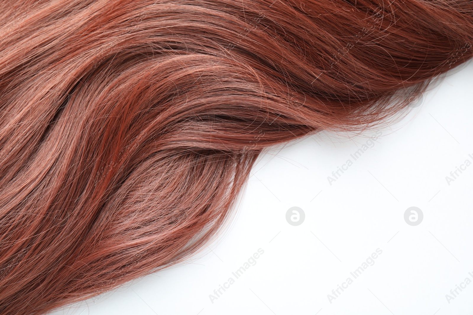Photo of Auburn hair strand on white background, top view. Space for text