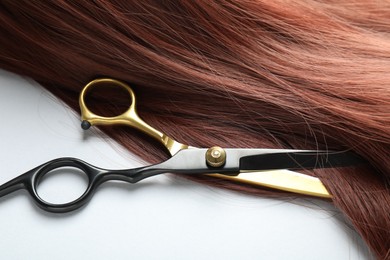 Photo of Auburn hair strand and hairdresser's scissors on white background, closeup