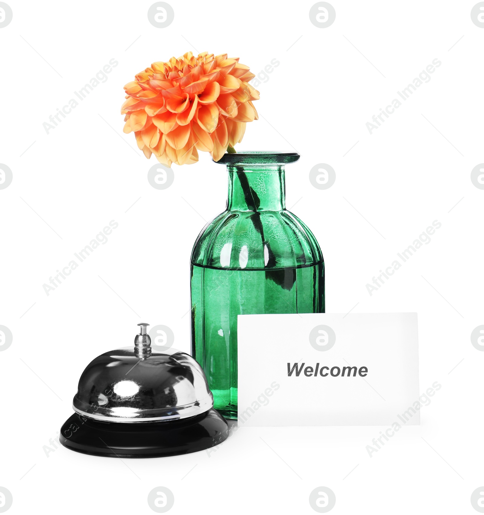 Card with word Welcome, desk bell and vase with flower isolated on white Photo of Card with word Welcome, desk bell and vase with flower isolated on white