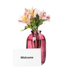 Photo of Card with word Welcome and vase with flowers isolated on white