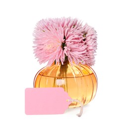 Photo of Blank card and vase with flowers isolated on white
