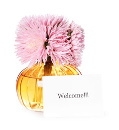Photo of Card with word Welcome and vase with flowers isolated on white