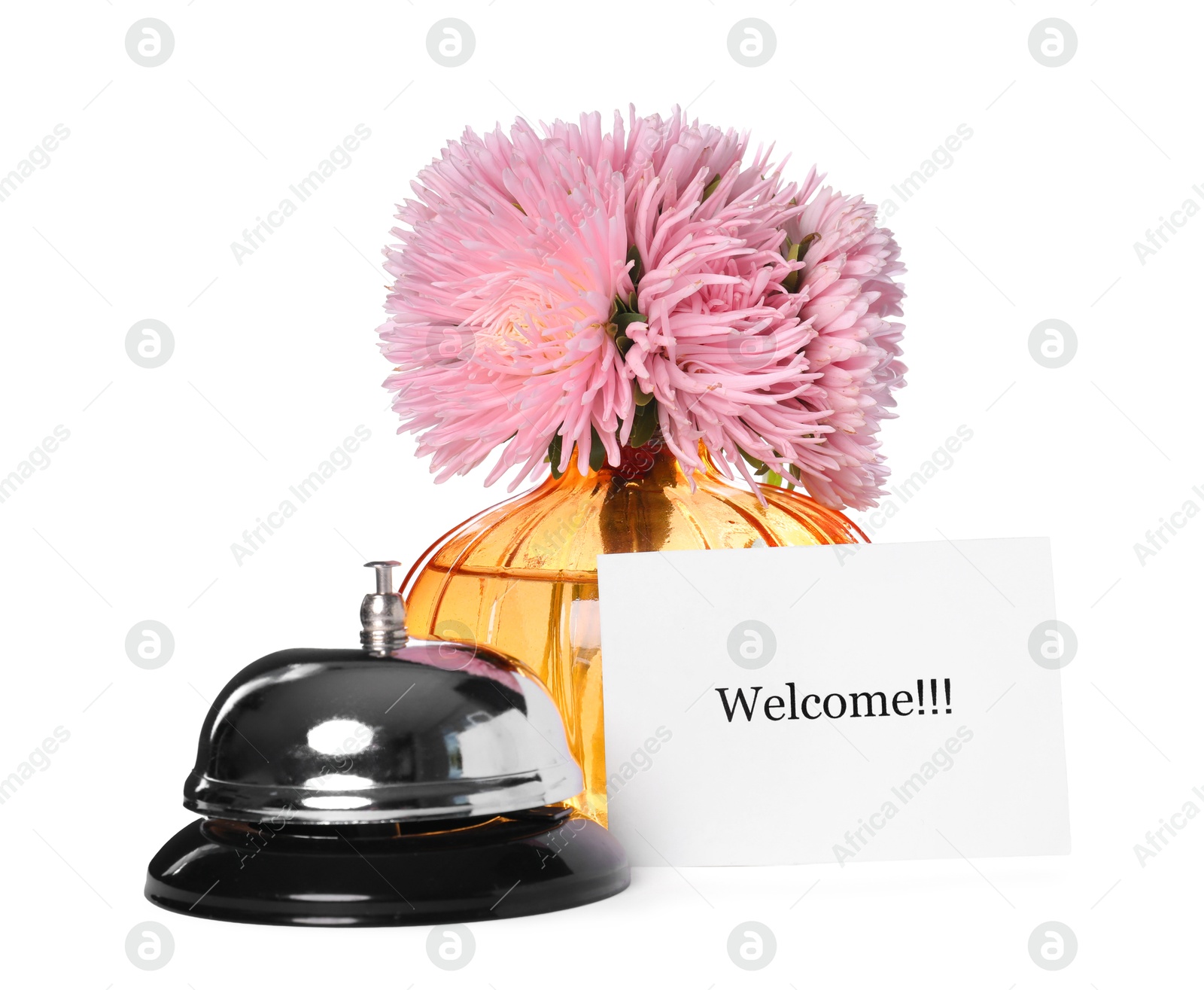 Card with word Welcome, desk bell and vase with flowers isolated on white Photo of Card with word Welcome, desk bell and vase with flowers isolated on white