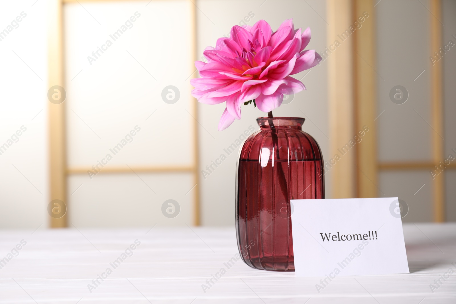 Card with word Welcome and vase with flower on white wooden table indoors. Space for text Photo of Card with word Welcome and vase with flower on white wooden table indoors. Space for text