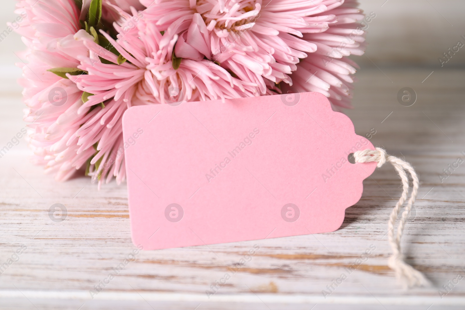 Blank card and flowers on white wooden desk, closeup. Space for text Photo of Blank card and flowers on white wooden desk, closeup. Space for text