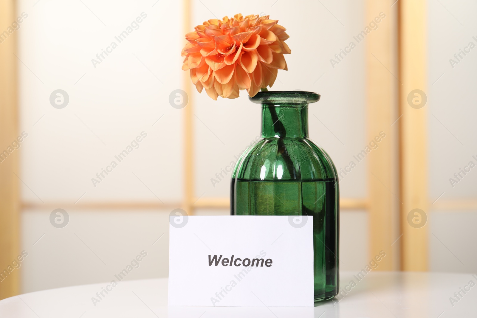 Card with word Welcome and vase with flower on white table indoors. Space for text Photo of Card with word Welcome and vase with flower on white table indoors. Space for text