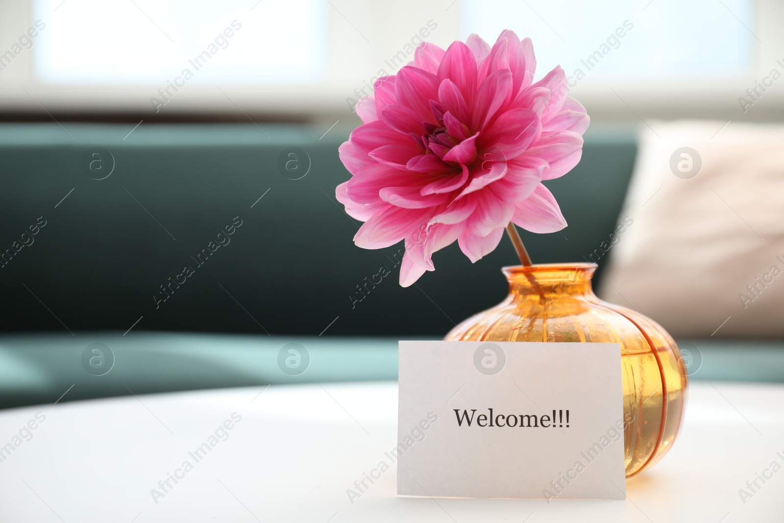 Photo of Card with word Welcome and vase with flower on white table indoors. Space for text