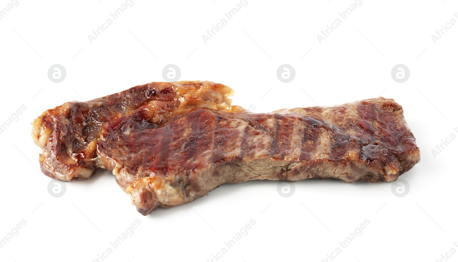 Piece of delicious grilled beef meat isolated on white Photo of Piece of delicious grilled beef meat isolated on white