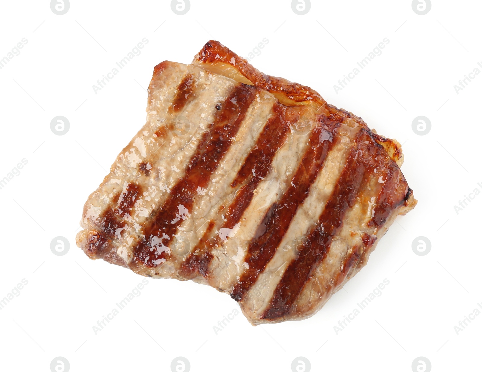 Steak of delicious grilled beef meat isolated on white, top view Photo of Steak of delicious grilled beef meat isolated on white, top view