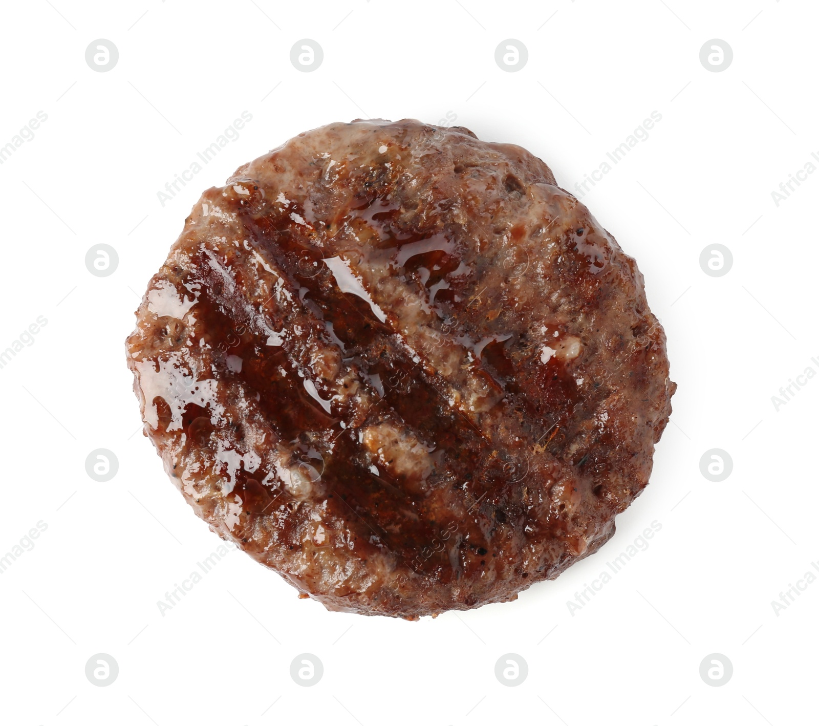 Delicious grilled beef patty isolated on white, top view Photo of Delicious grilled beef patty isolated on white, top view