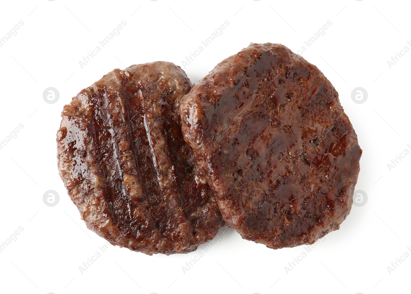 Photo of Delicious grilled beef patties isolated on white, top view