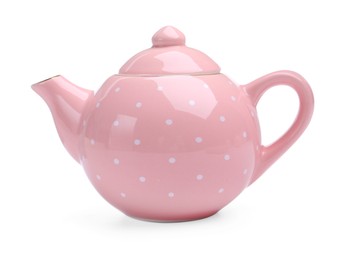 Photo of Beautiful pink teapot isolated on white. Child's toy