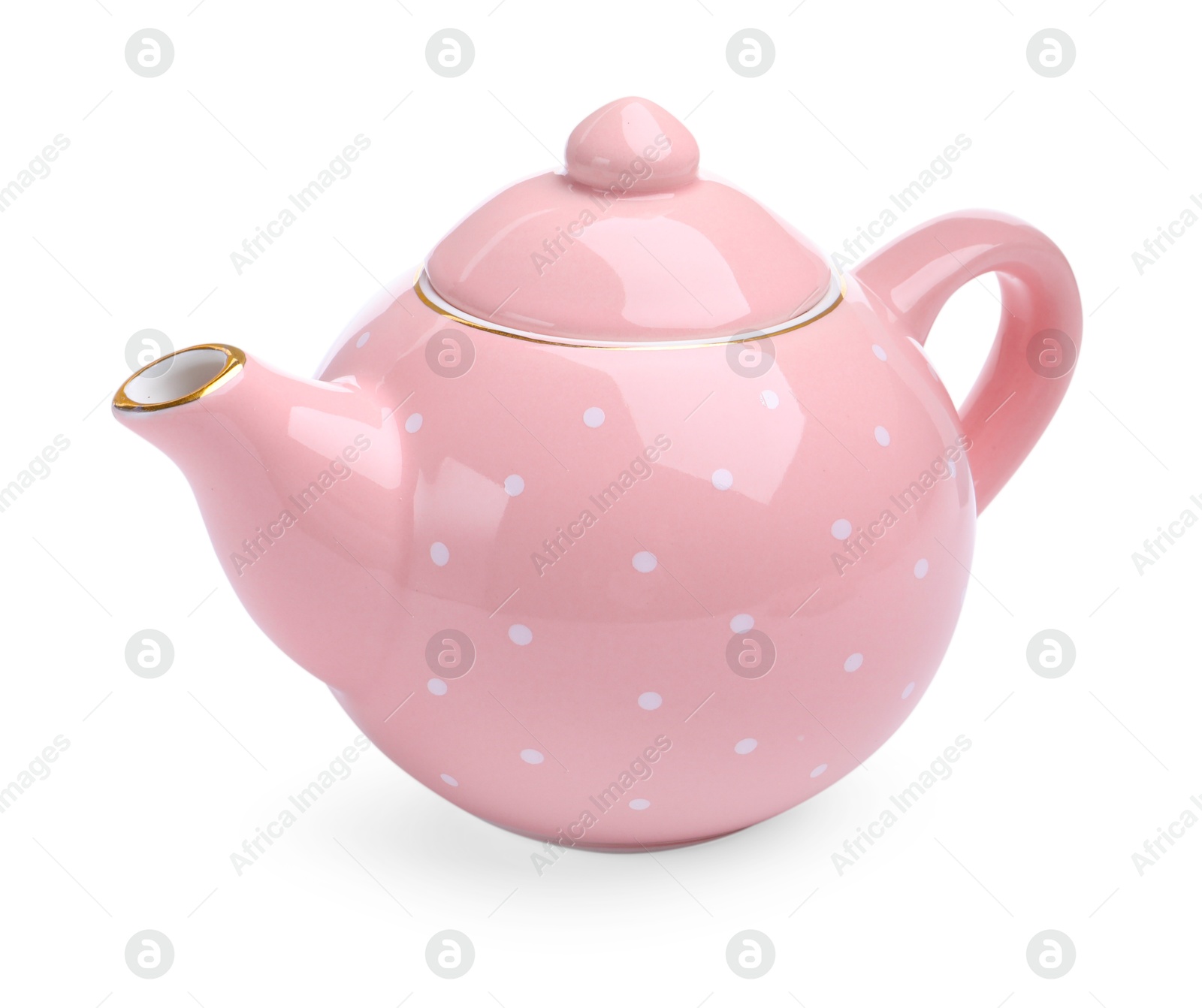 Photo of Beautiful pink teapot isolated on white. Child's toy