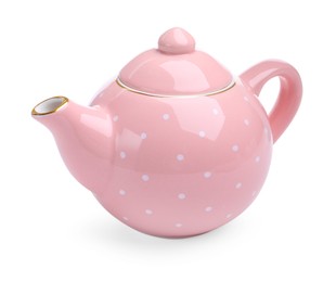 Photo of Beautiful pink teapot isolated on white. Child's toy