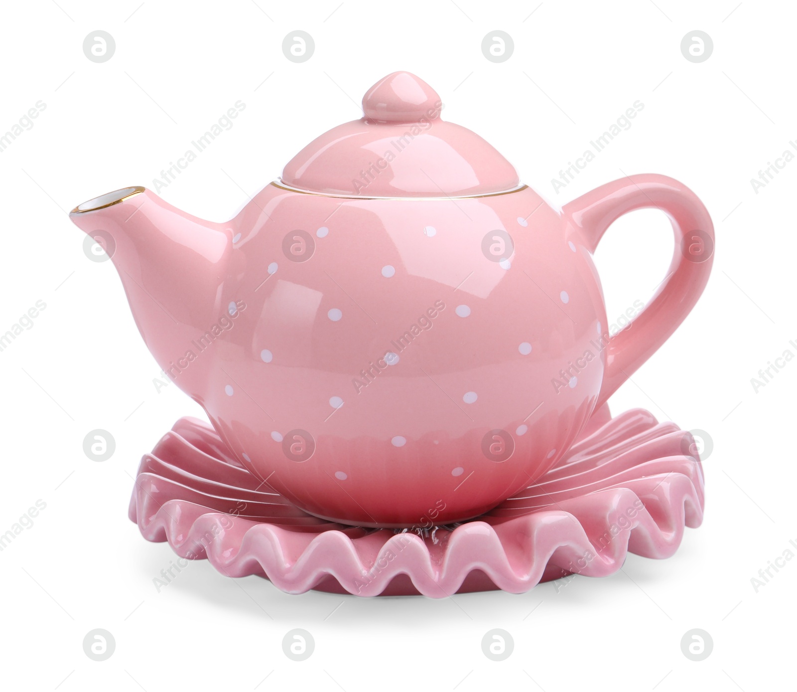 Photo of Beautiful pink teapot isolated on white. Child's toy