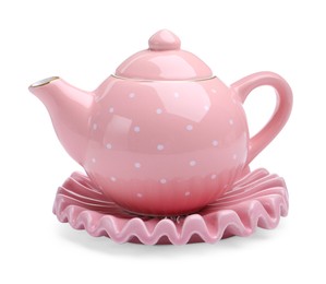Photo of Beautiful pink teapot isolated on white. Child's toy
