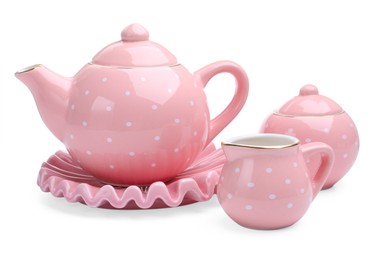 Photo of Beautiful tea set isolated on white. Child's toy
