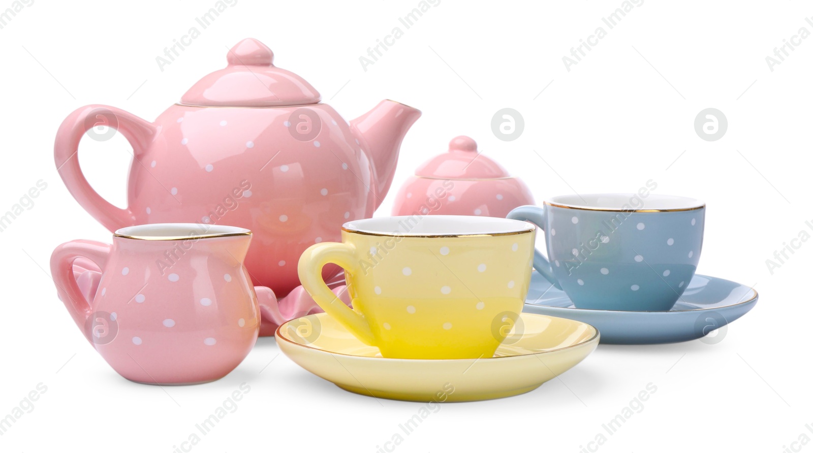 Photo of Beautiful tea set isolated on white. Child's toy