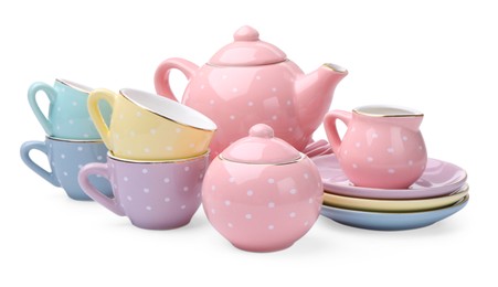Photo of Beautiful tea set isolated on white. Child's toy