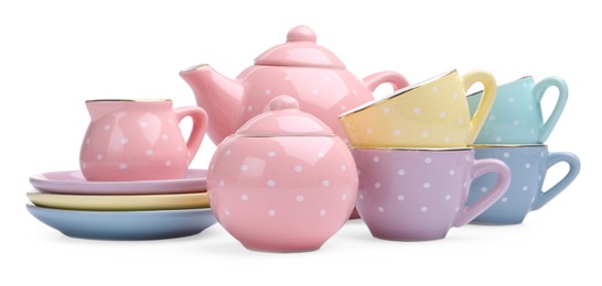 Photo of Beautiful tea set isolated on white. Child's toy