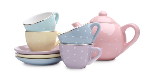 Photo of Beautiful tea set isolated on white. Child's toy