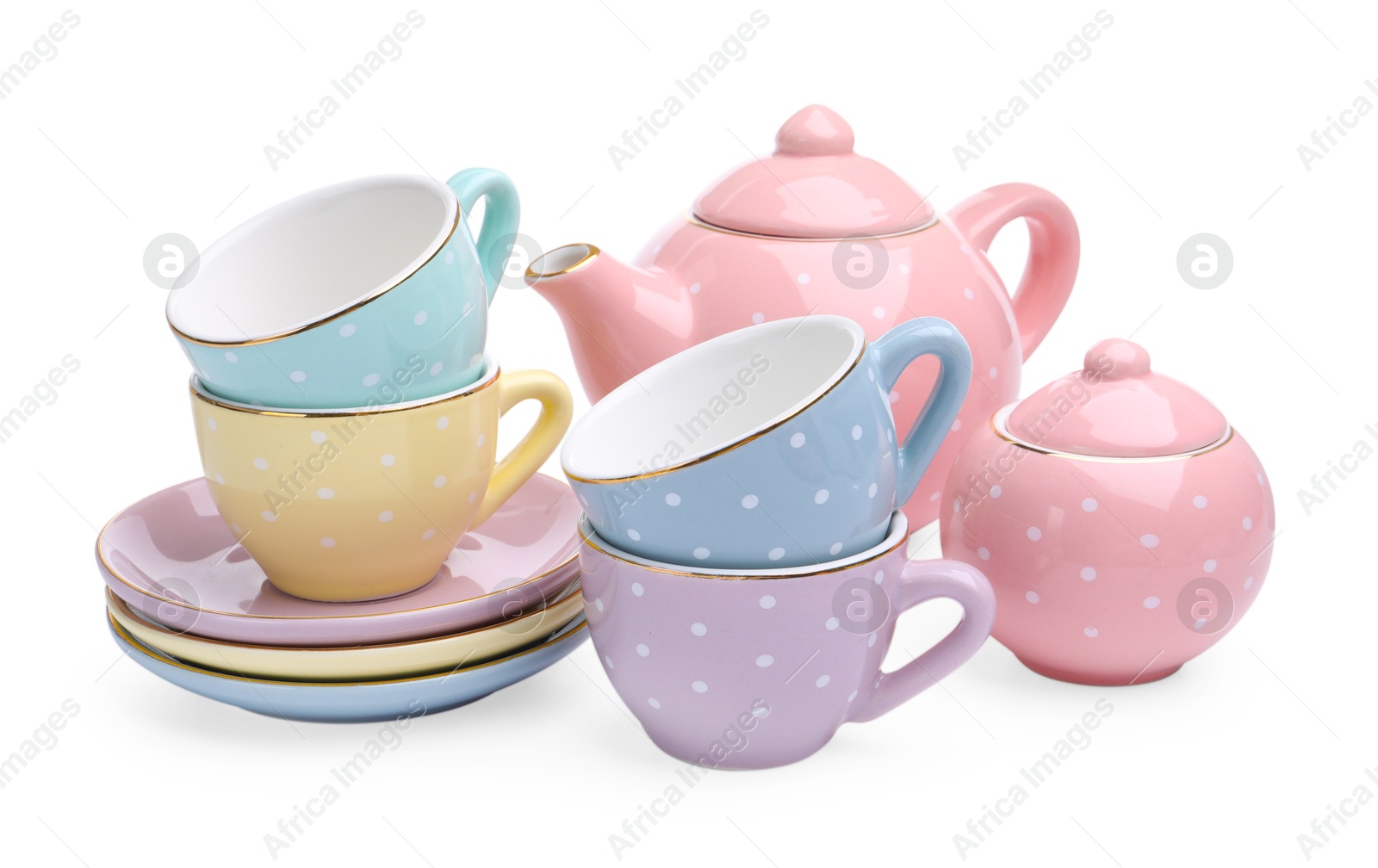 Photo of Beautiful tea set isolated on white. Child's toy