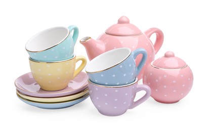 Photo of Beautiful tea set isolated on white. Child's toy
