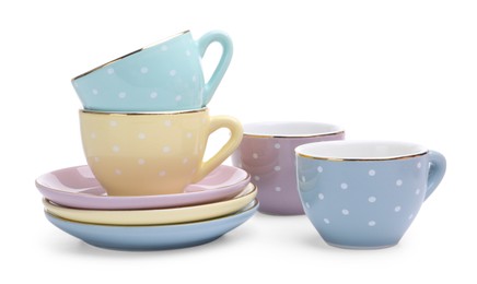 Photo of Beautiful tea set isolated on white. Child's toy