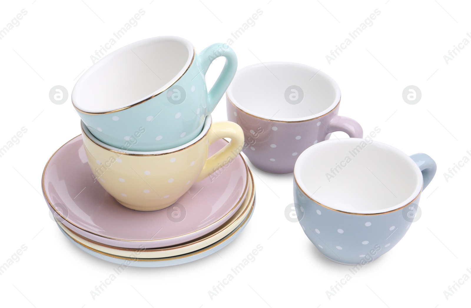 Photo of Beautiful tea set isolated on white. Child's toy