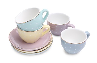 Photo of Beautiful tea set isolated on white. Child's toy
