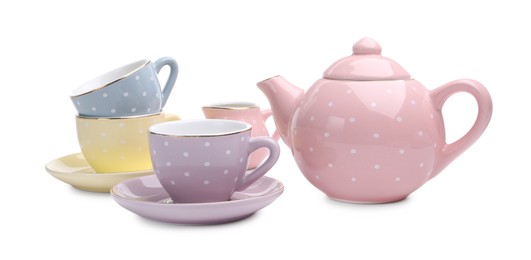 Photo of Beautiful tea set isolated on white. Child's toy