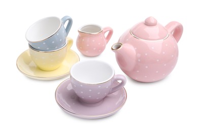 Photo of Beautiful tea set isolated on white. Child's toy