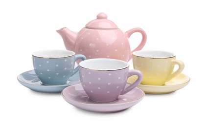 Photo of Beautiful tea set isolated on white. Child's toy