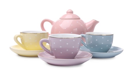 Photo of Beautiful tea set isolated on white. Child's toy