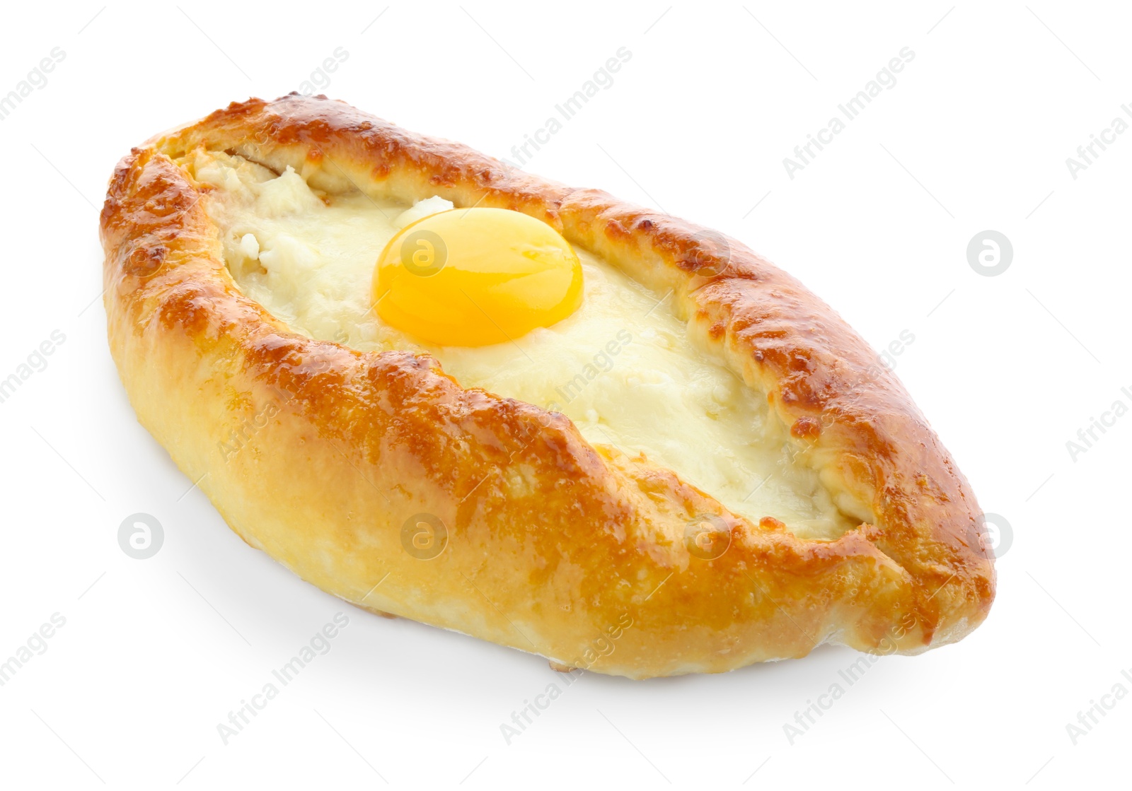 Photo of Tasty khachapuri with cheese and egg isolated on white